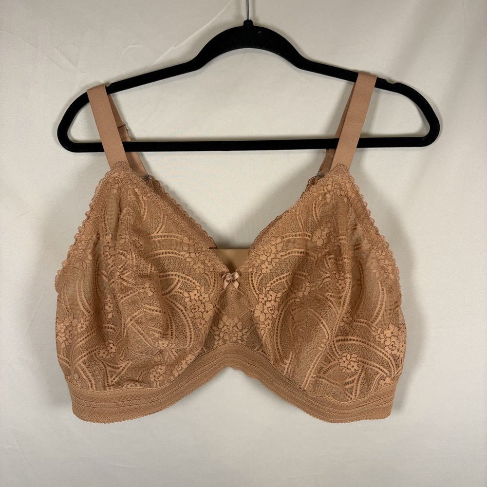 Glamorise 34DD Underwire Full Coverage Lace Bra Beige Floral Hook & Eye 7012